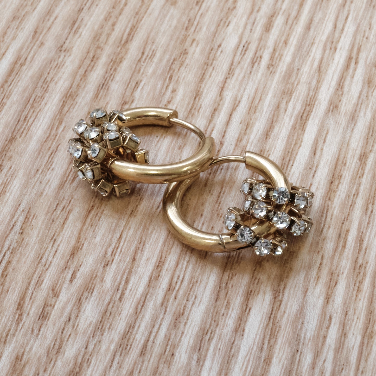 Stainless Steel Crystal Cluster Hoop Earrings – Gold Tone 316L (SKU 142)