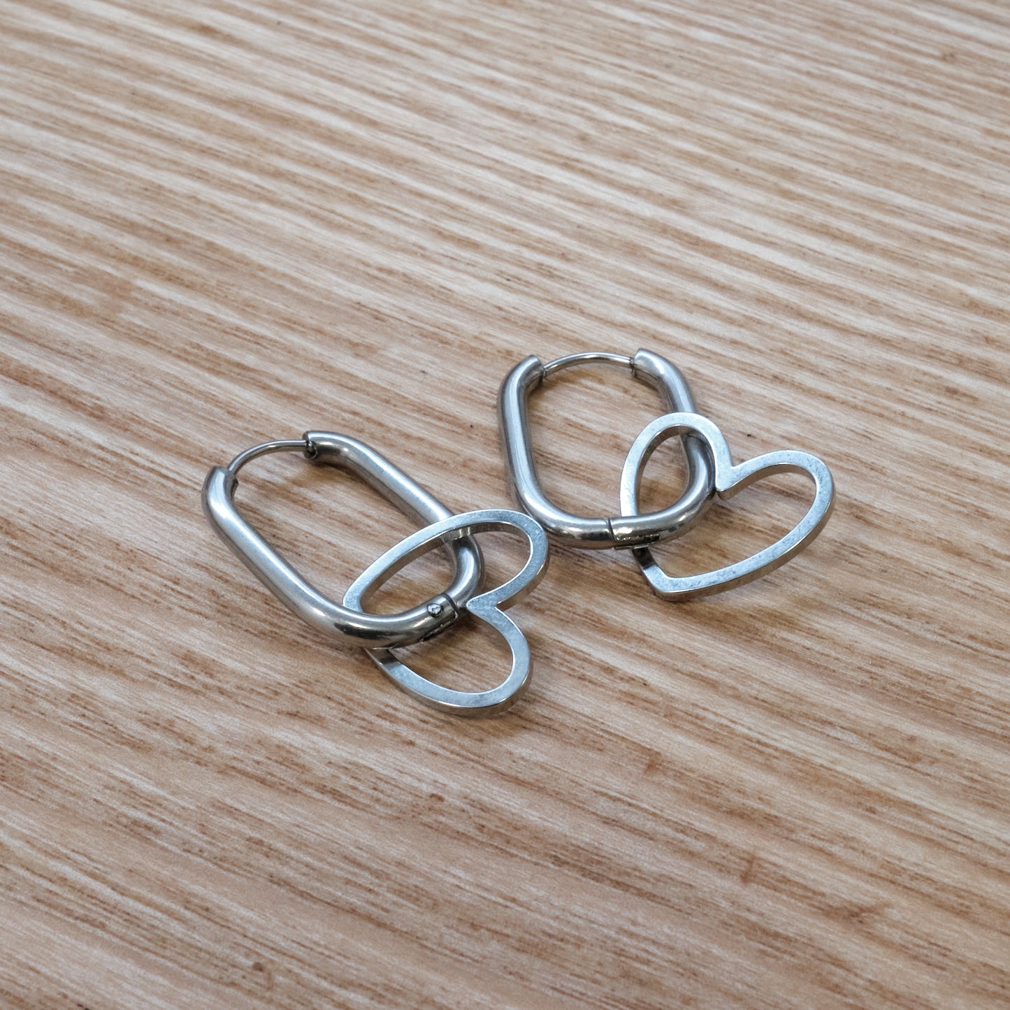 Stainless Steel Silver 316L Heart Dangle Hoop Earrings (SKU 228)