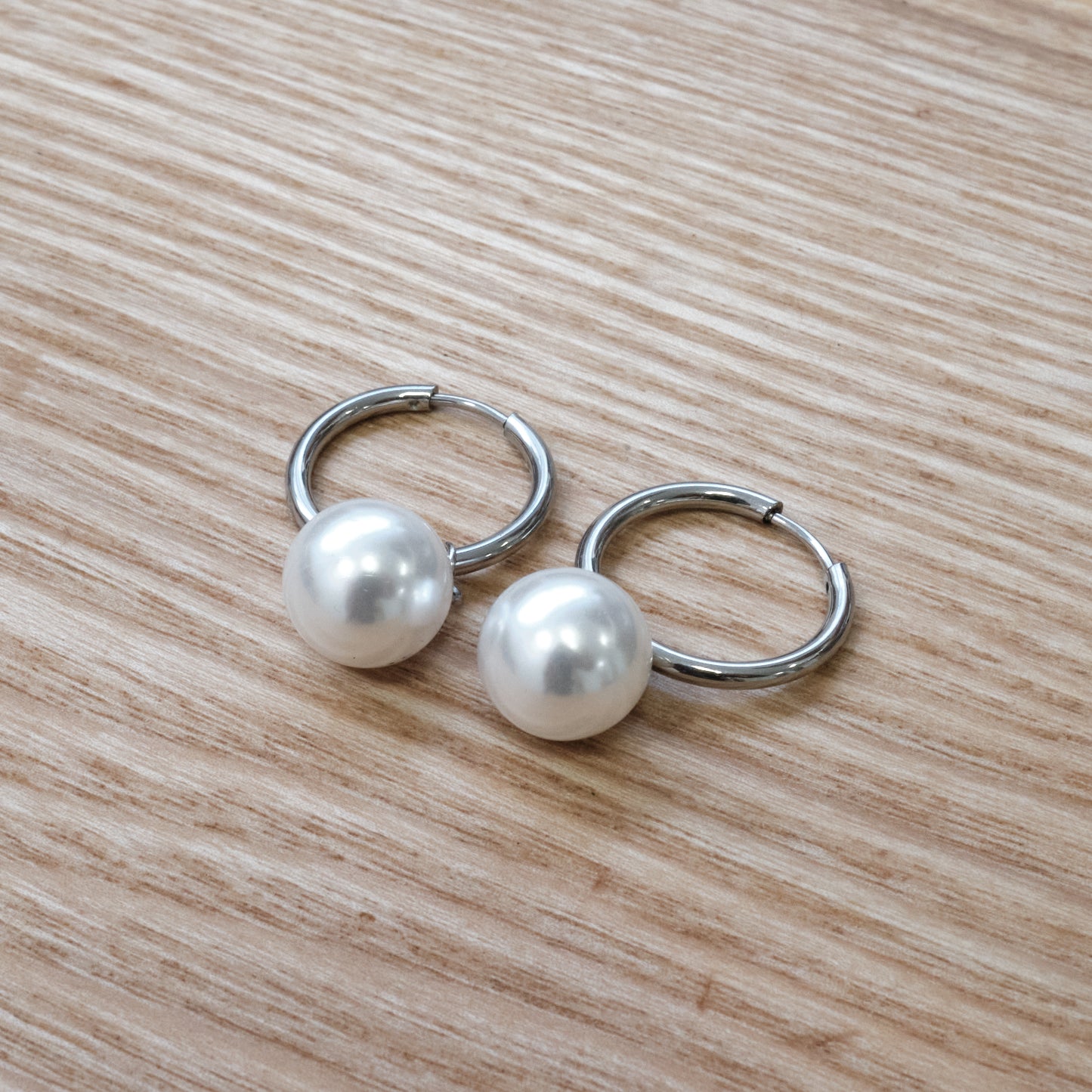 Stainless Steel Sliver Pearl Ball Hoop Earrings (SKU 208)