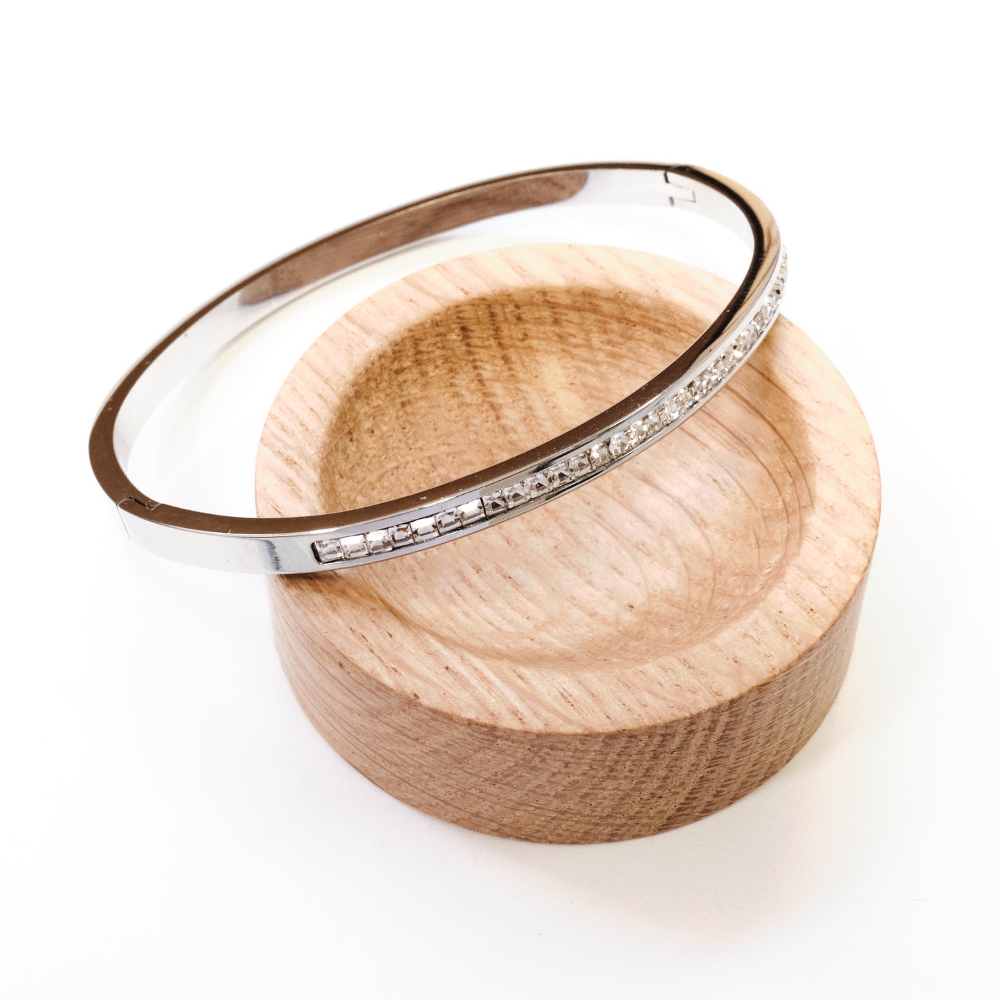 Stainless Steel 304L Silver Bangle With Subtle Single Row Crystal Sparkle (SKU 119)