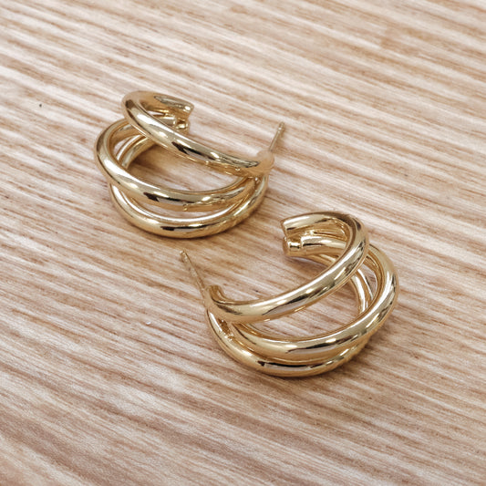 Gold-Tone Stainless Steel 3 Bar Open Hoop Earrings (SKU: 127)