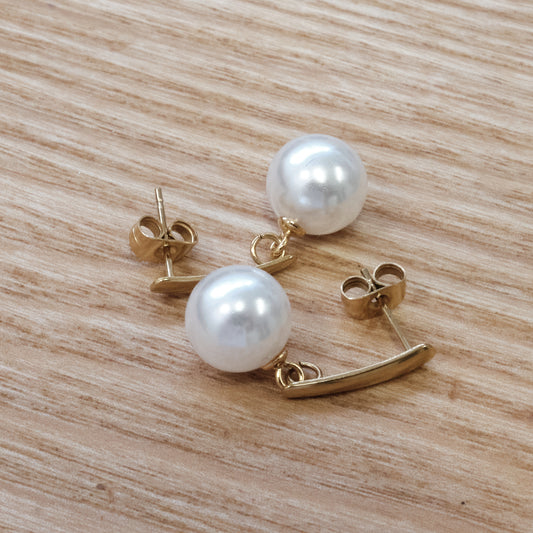 Stainless Steel Pearl Drop Earrings – Gold Tone (SKU 152)