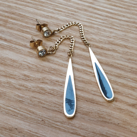 Stainless Steel Chain Drop Earrings with Crystal Stud – Gold &  Black Tone 304L (SKU 153)