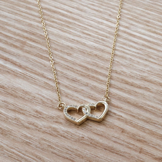 Titanium Stainless Steel Double Interlocking Heart Gold Necklace (SKU: 190)