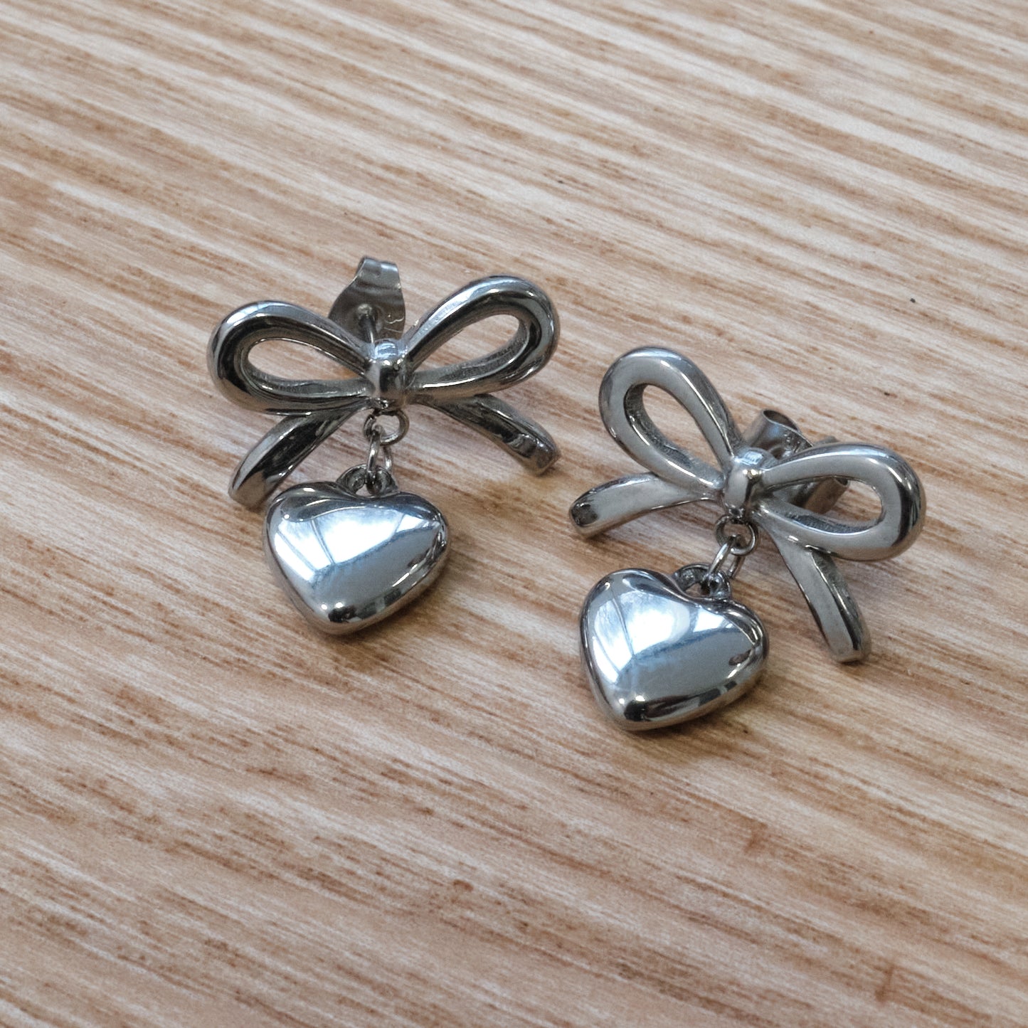 Stainless Steel  Silver 304L Bow & Heart Dangle Earrings (SKU 224)