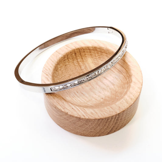 Stainless Steel  304L Silver  Bangle With Subtle Single Row Crystal Sparkle (SKU 119)